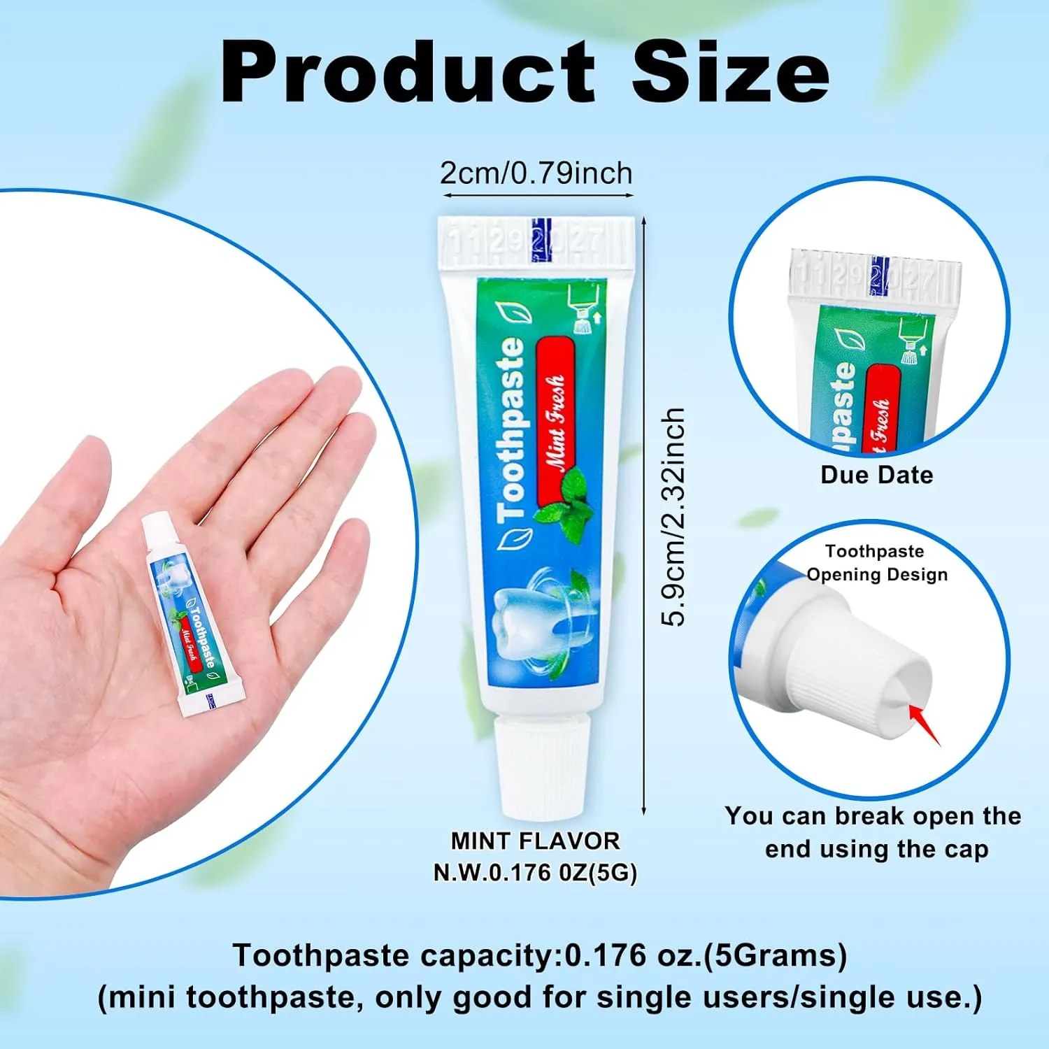 0.176 oz Bulk Travel Size Toothpaste,50 Tubes 5 Grams Extra Small Toothpaste Travel Size Bulk Mint Flavor Mini Disposable Toothpaste for Hotel,Guests,Homeless,School(Too Small,Only be Single Use)