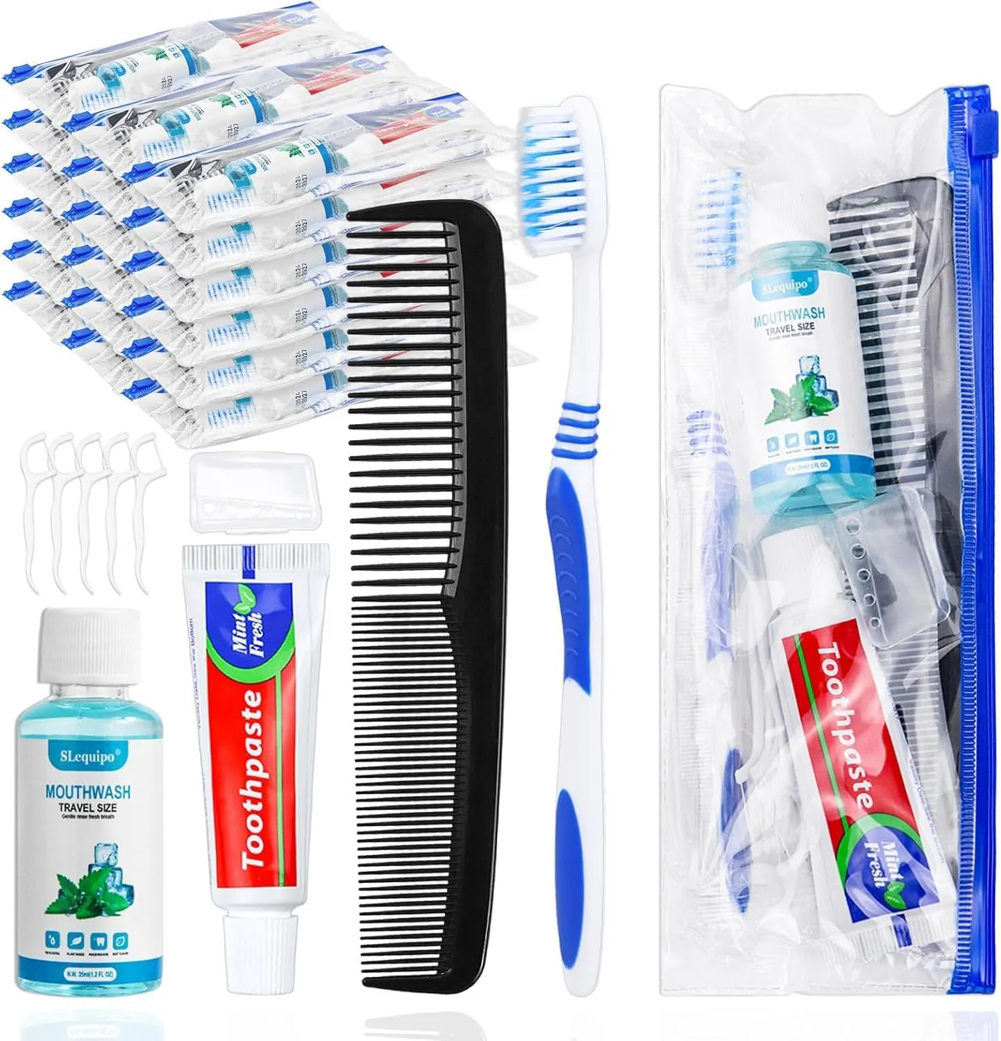 100 Set Travel Toothbrush Kit Bulk,Disposable Toothbrush with Toothpaste Set with Mouthwash,Toothpaste,Cover,Comb,Zip Bag,Floss Picks,Toothbrushes Set for Homeless,Travel