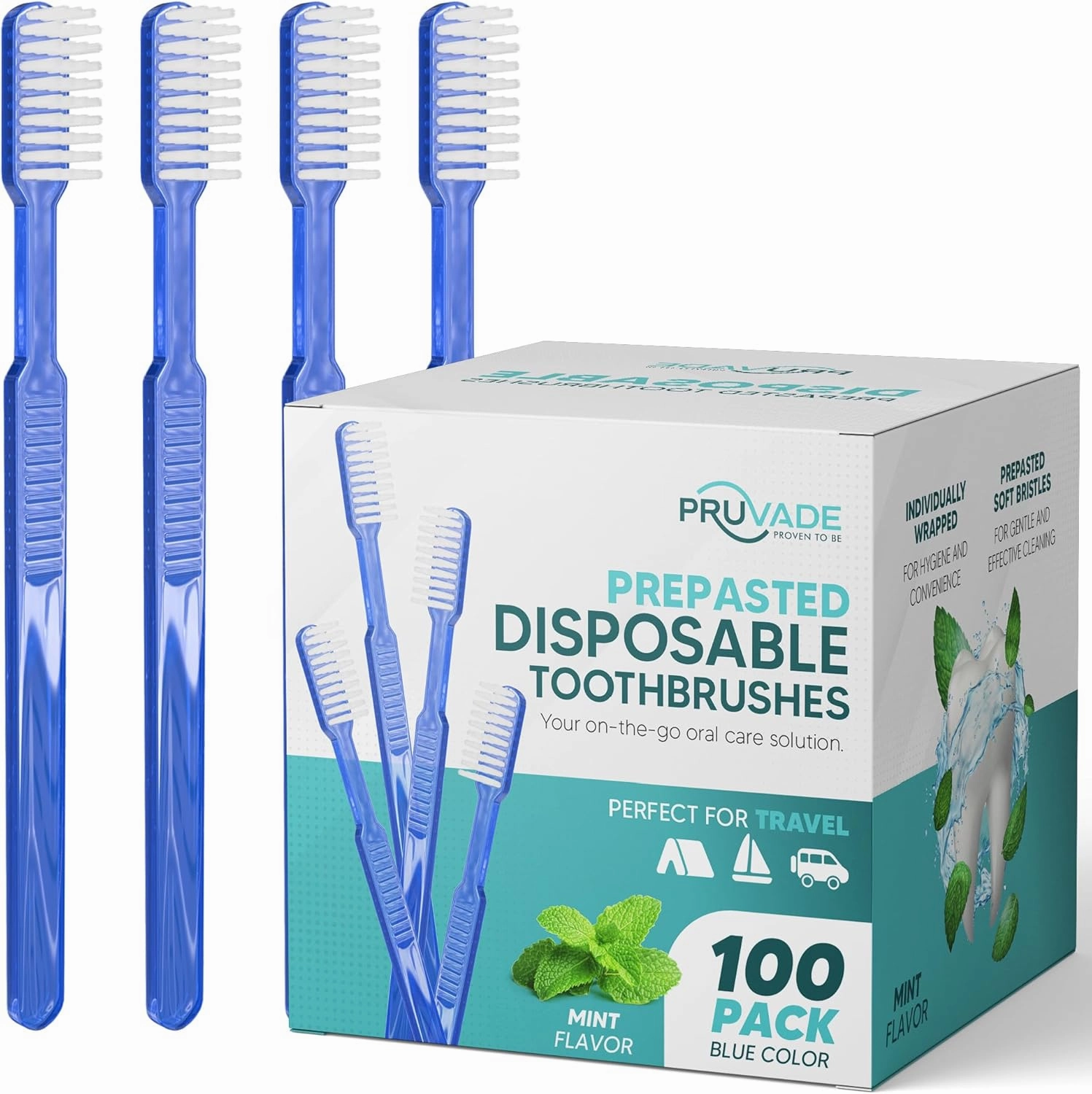 100 Pack Disposable Toothbrushes with Toothpaste Built In | Mint Prepasted Toothbrushes Individually Wrapped - Blue Single Use Waterless Toothbrush with Soft Bristles for Work, Camping, Travel