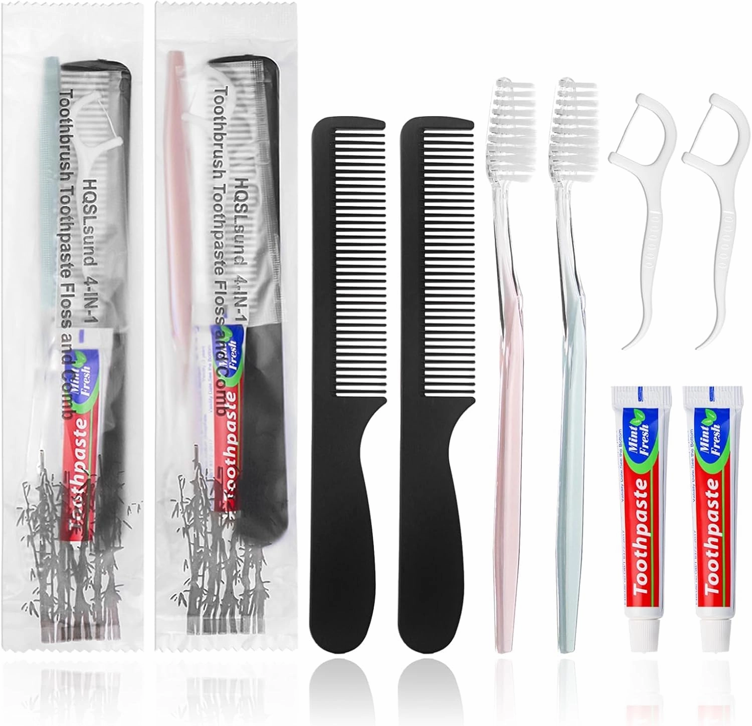 100pcs Disposable Toothbrushes with Toothpaste Floss Comb Individually Wrapped, 4-in-1 Bulk Toothbrush Kit with 2 Color Toothbrush,10g Toothpaste,7 inch Comb, Floss Pick