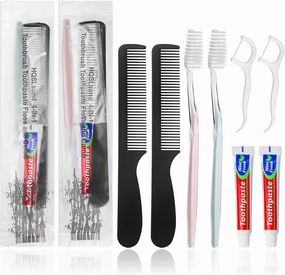 100pcs Disposable Toothbrushes with Toothpaste Floss Comb Individually Wrapped, 4-in-1 Bulk Toothbrush Kit with 2 Color Toothbrush,10g Toothpaste,7 inch Comb, Floss Pick