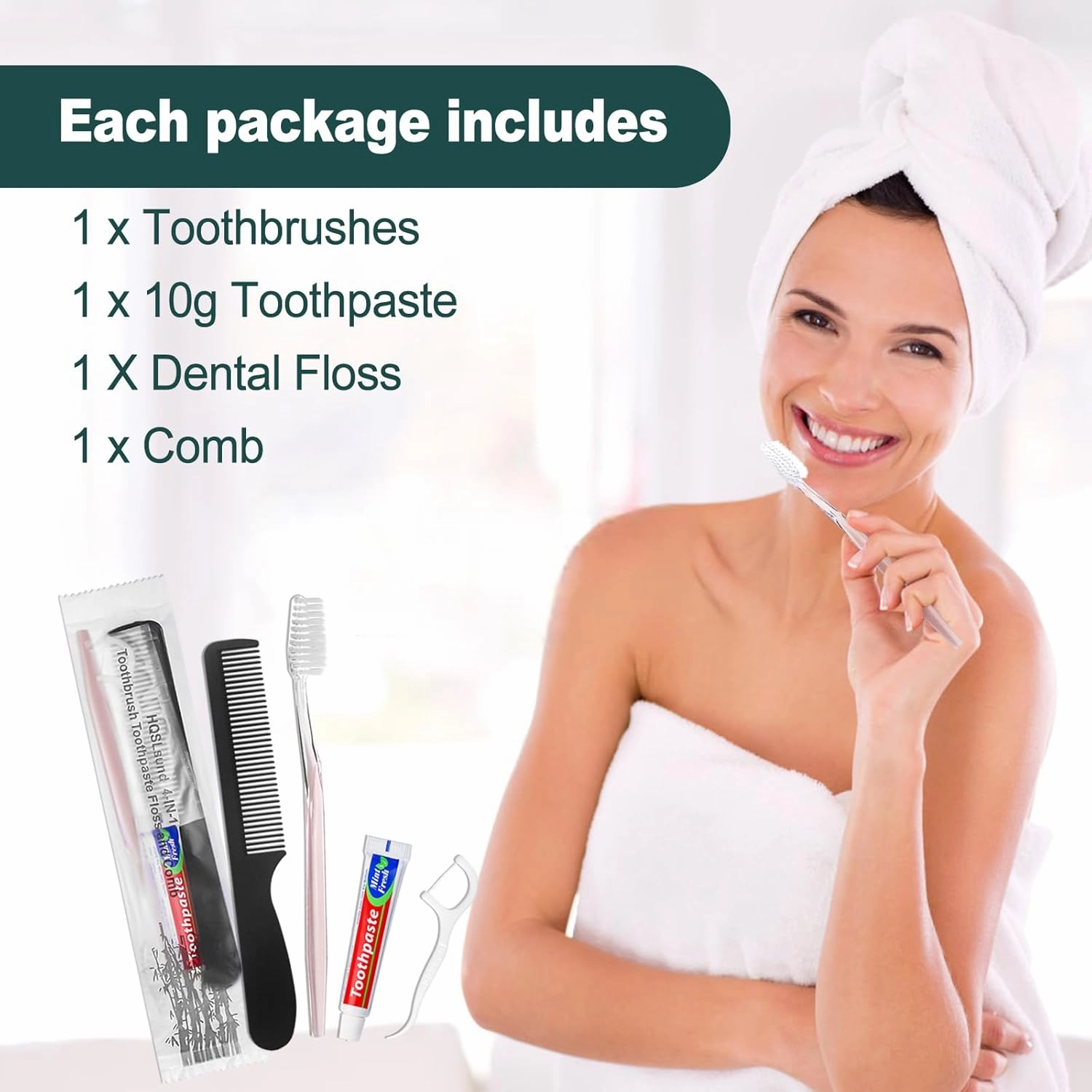 100pcs Disposable Toothbrushes with Toothpaste Floss Comb Individually Wrapped, 4-in-1 Bulk Toothbrush Kit with 2 Color Toothbrush,10g Toothpaste,7 inch Comb, Floss Pick