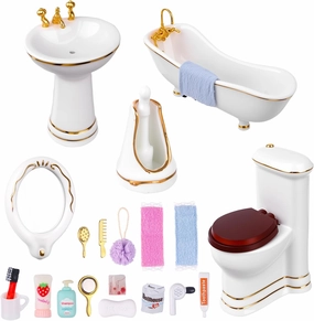 1:12 Dollhouse Miniature Porcelain Bathroom Set 5Pcs White Ceramic Toilet Basin Bathtub Mirror Miniature Furniture with 15Pcs Doll Accessories Comb,Bathball,Water Cup,Toothbrush Toothpaste