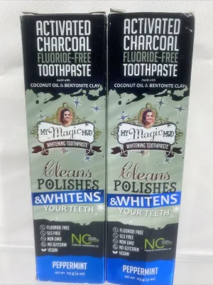 (2) My Magic Mud Activated Peppermint Charcoal Fluoride-Free Whitenin Toothpaste