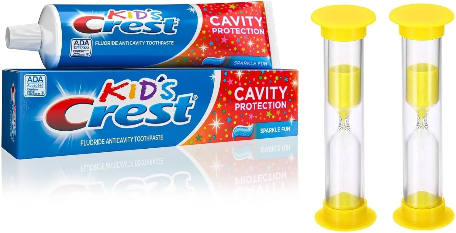 2 Pack Kids Cavity Protection Crest Sparkle Fun Toothpaste 4.6 Ounce with 2 Minute Sand Timer for Brushing Combo Pack