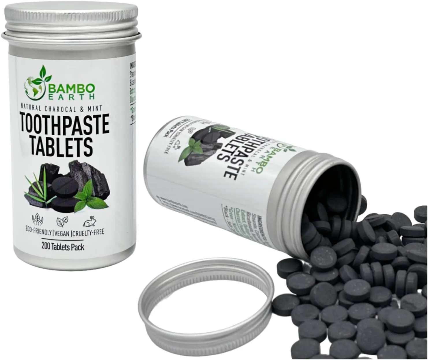 200 Pack Natural Toothpaste Tablet Bits - Chewable Mouthwash Whitening Burts Bees Bite Tablets For Teeth SLS & Fluoride Free Eco & Travel Friendly With Zero Waste Packaging (200 Tabs, Charcoal & Mint)