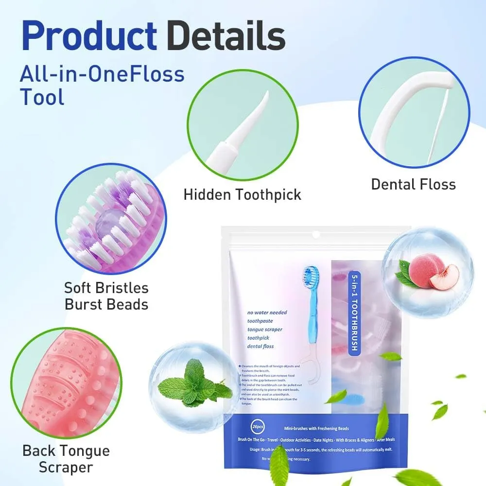 2025 New 5 in 1 Mini Toothbrush Set, 26pcs Mini Toothbrushes with Toothpaste, Portable Toothbrush with Floss, 5 in 1 Disposable Mini Toothbrushs for Travel Work and Gatherings Daily Use (Mint 1PC)