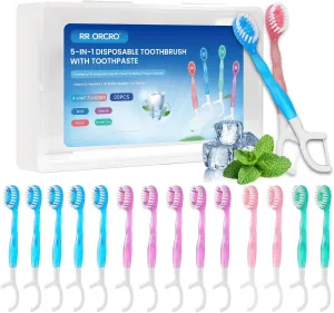 20Pack Mini Disposable Toothbrushes 5-in-1 Portable Pre-Pasted Travel Toothbrush with Toothpaste Tongue Scraper Floss Pick Individually Wrapped Small Prepasted Travel Toothbrush for Kids Adult