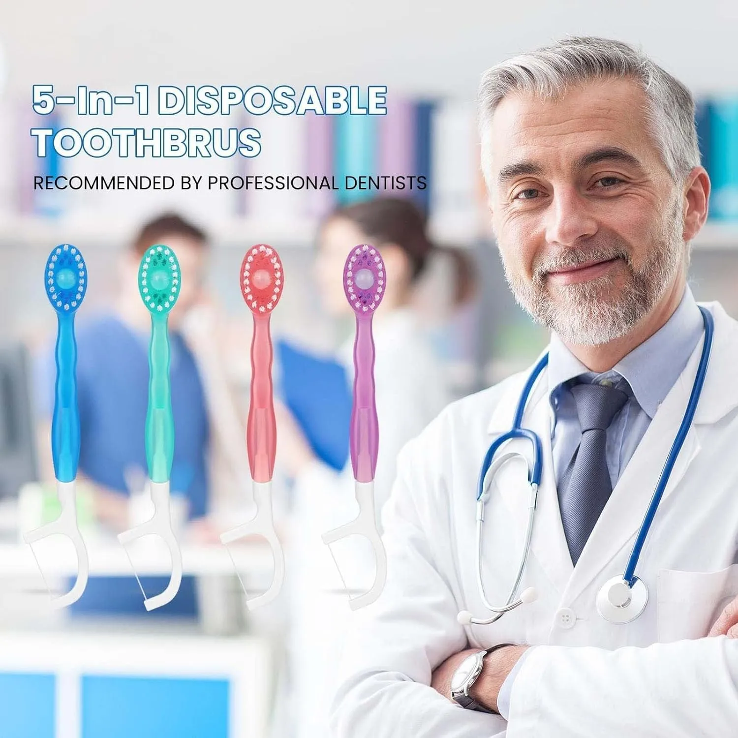 26 Pack 5 in 1 Mini Brush, Toothpaste and Floss & Tongue Scraper & Toothpick Set, All in One Oral Care on The Go Kit, Disposable Portable Burst Toothbrush for Travel (Mixed Flavors)