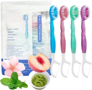 26 Pack 5 in 1 Mini Brush, Toothpaste and Floss & Tongue Scraper & Toothpick Set, All in One Oral Care on The Go Kit, Disposable Portable Burst Toothbrush for Travel (Mixed Flavors)