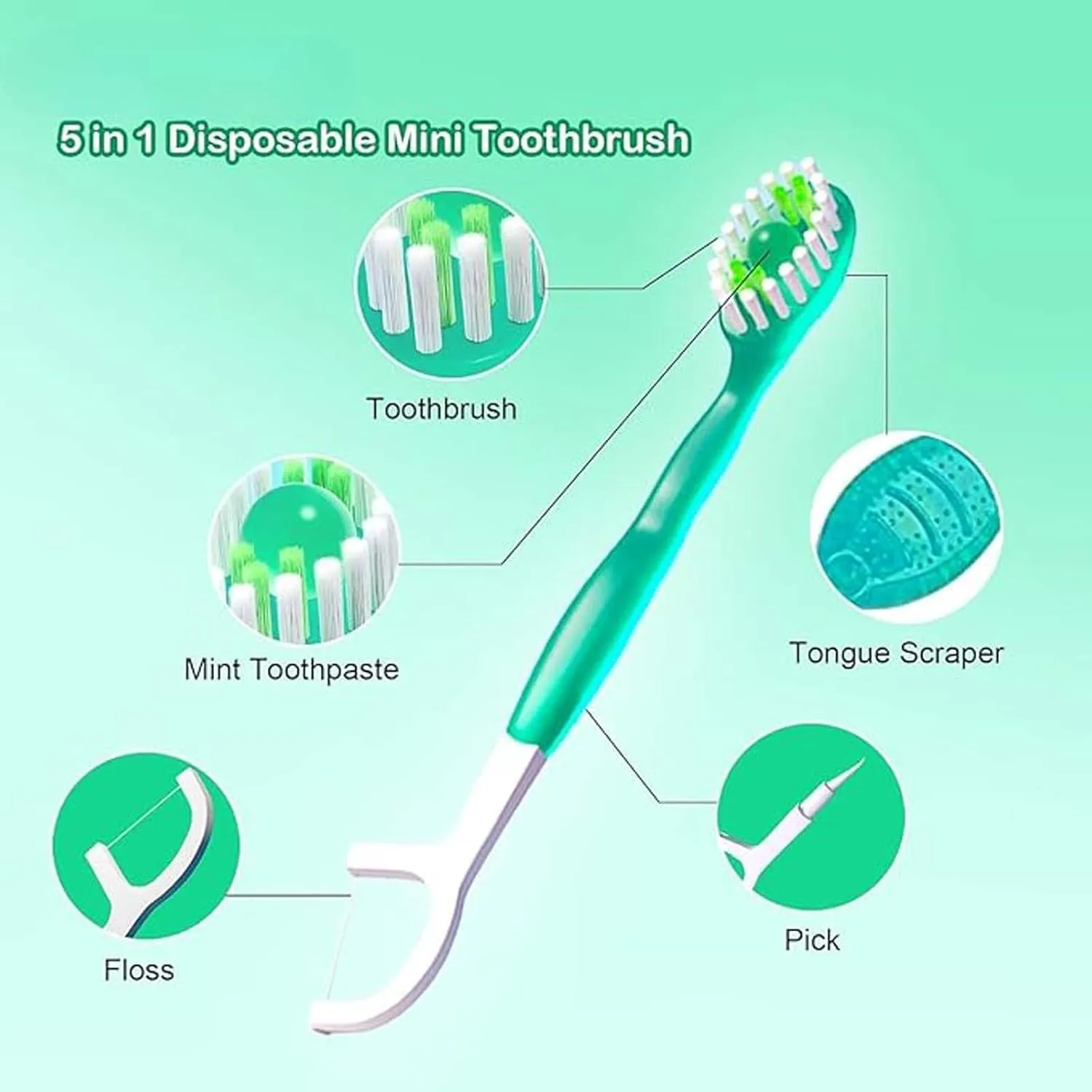 26 Pack 5 in 1 Mini Brush, Toothpaste and Floss & Tongue Scraper & Toothpick Set, All in One Oral Care on The Go Kit, Disposable Portable Burst Toothbrush for Travel (Mixed Flavors)