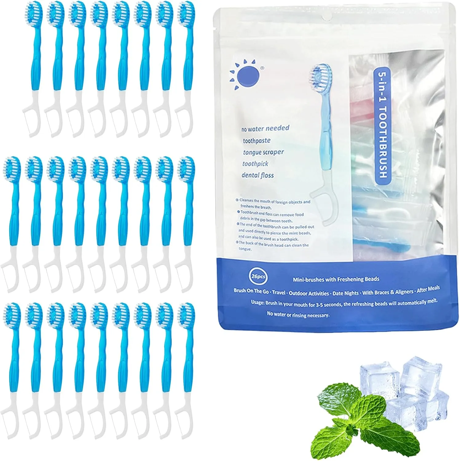 26 Pack 5 in 1 Mini Toothbrush & Floss & Tongue Scraper & Toothpick Set, Mini Toothbrushes with Toothpaste, Individually Packed in Box, Portable Travel Office Oral Care (Mint)