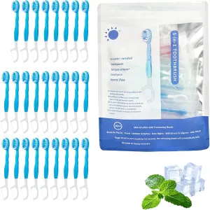 26 Pack 5 in 1 Mini Toothbrush & Floss & Tongue Scraper & Toothpick Set, Mini Toothbrushes with Toothpaste, Individually Packed in Box, Portable Travel Office Oral Care (Mint)