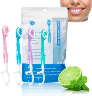 26Pack 5 in 1 Mini Toothbrush & Floss & Tongue Scraper & Toothpick Set, Travel Toothbrush and Toothpaste Set, Disposable Toothbrushes Multi-Flavor, for Airplane, Camping & Outdoor (1 Sets)