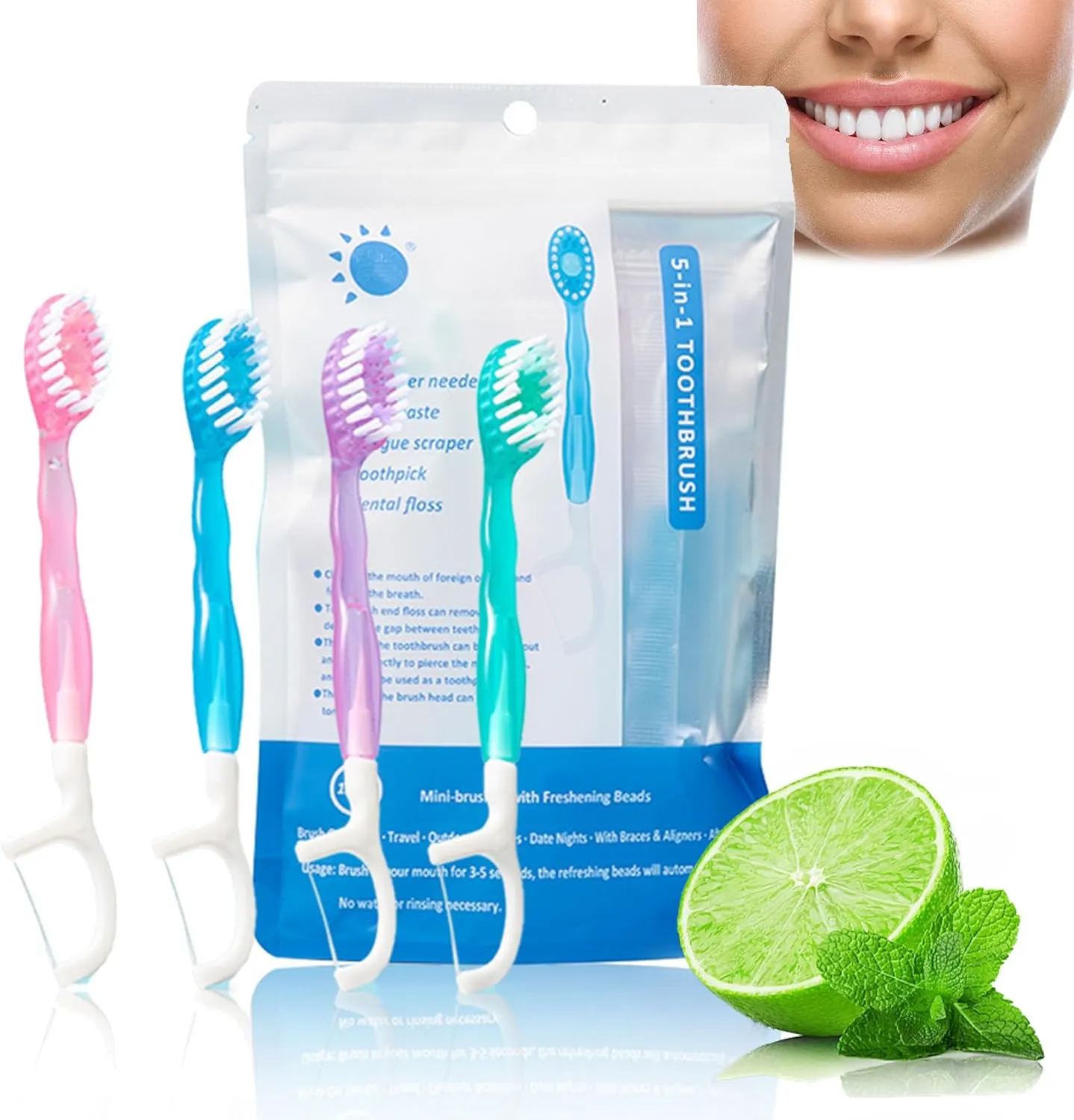 26Pack 5 in 1 Mini Toothbrush & Floss & Tongue Scraper & Toothpick Set, Travel Toothbrush and Toothpaste Set, Disposable Toothbrushes Multi-Flavor, for Airplane, Camping & Outdoor (1 Sets)