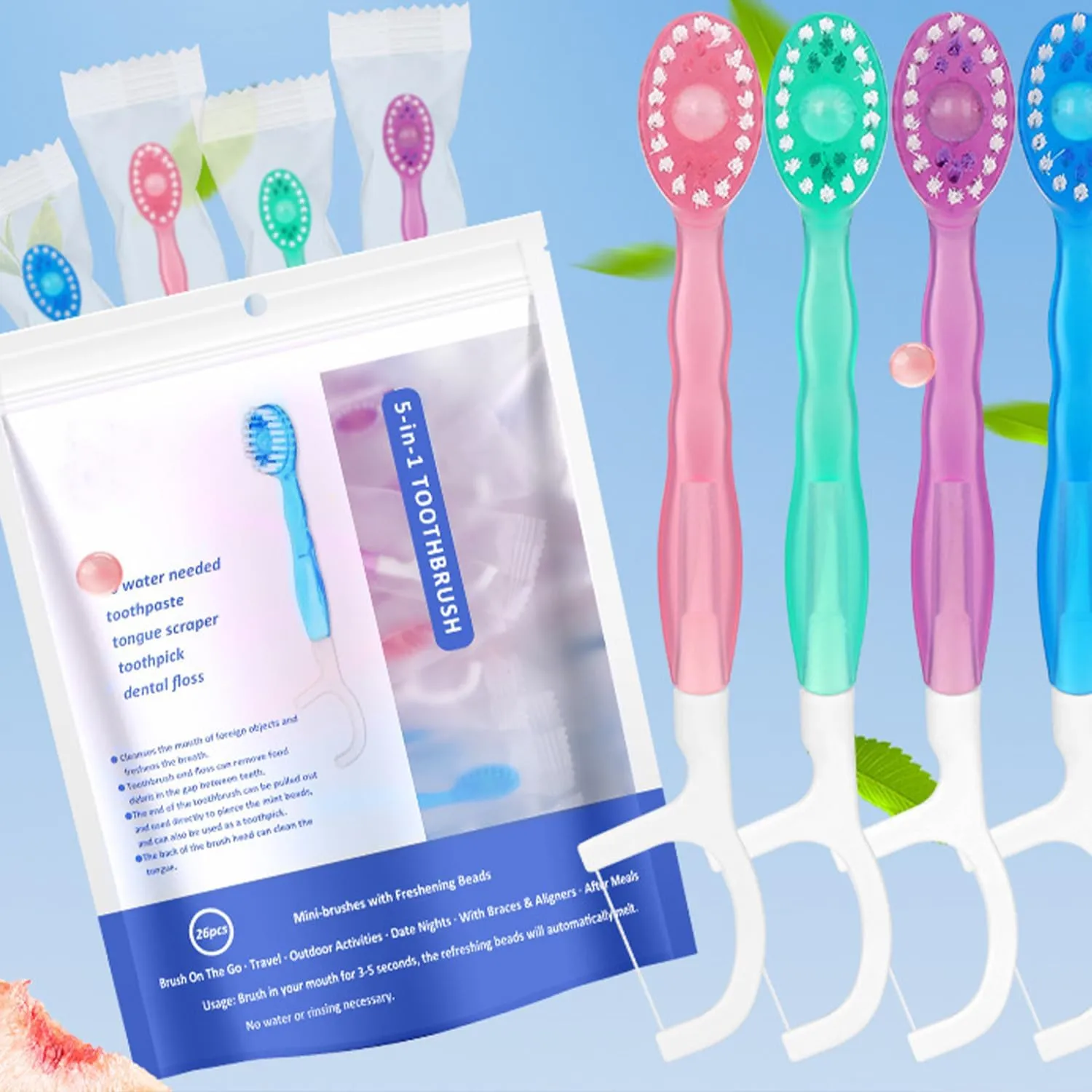 26Pack 5 in 1 Mini Toothbrush & Floss & Tongue Scraper & Toothpick Set, Travel Toothbrush and Toothpaste Set, Disposable Toothbrushes Multi-Flavor, for Airplane, Camping & Outdoor (1 Sets)