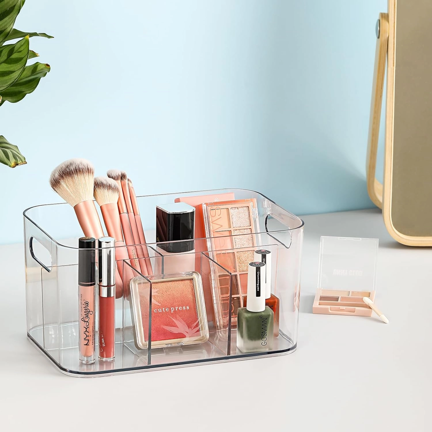 2 Pack, 5-Compartment Clear Plastic Bin - Divided Art Supplies, Cosmetic Makeup Caddy Organizer - Multiuse Storage Container for Vanity, Bathroom, Kitchen, Office, Craft, Shower, Cleaning Items