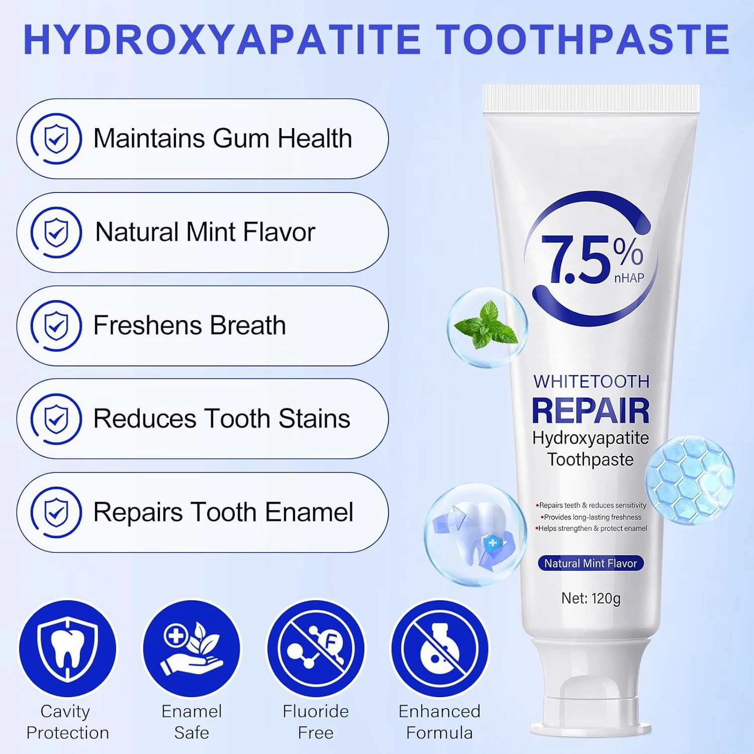 2 Pack 7.5% Hydroxyapatite Toothpastes for Enamel Protection and Tooth Strengthening, Gentle Fresh Mint Flavor, Fluoride-Free Formula, Daily Use for Oral Care