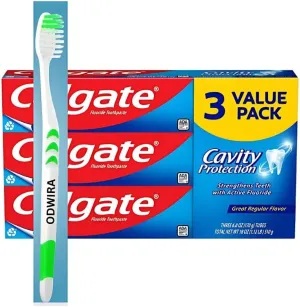 3-Pack Cavity Protection Fresh Toothpaste with Fluoride, Regular Flavor, 6oz, (Total 18 oz) Plus 1-Pack ODWIRA Toothbrush for Colgate Toothpaste.