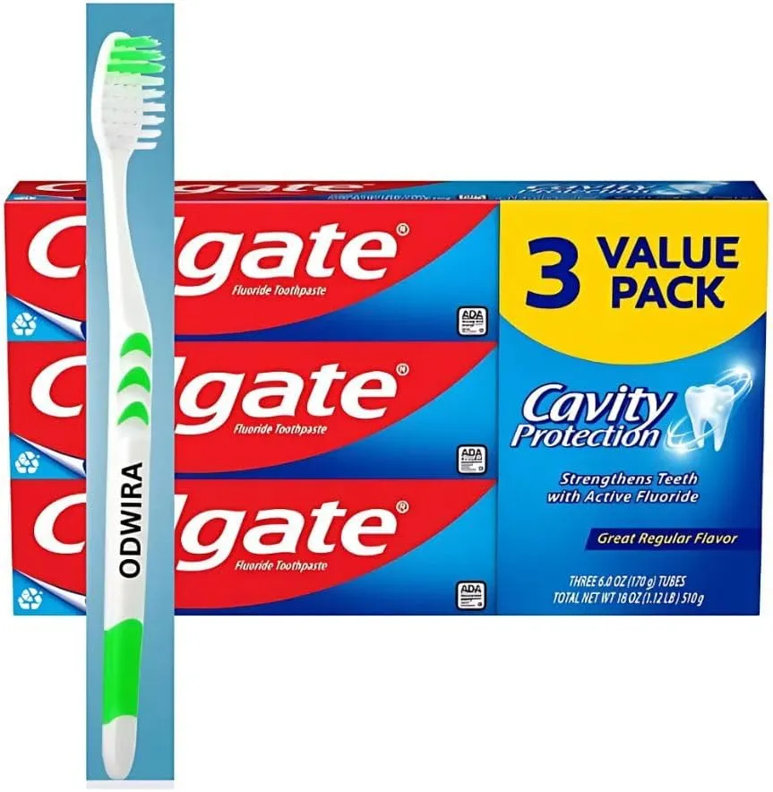 3-Pack Cavity Protection Fresh Toothpaste with Fluoride, Regular Flavor, 6oz, (Total 18 oz) Plus 1-Pack ODWIRA Toothbrush for Colgate Toothpaste.