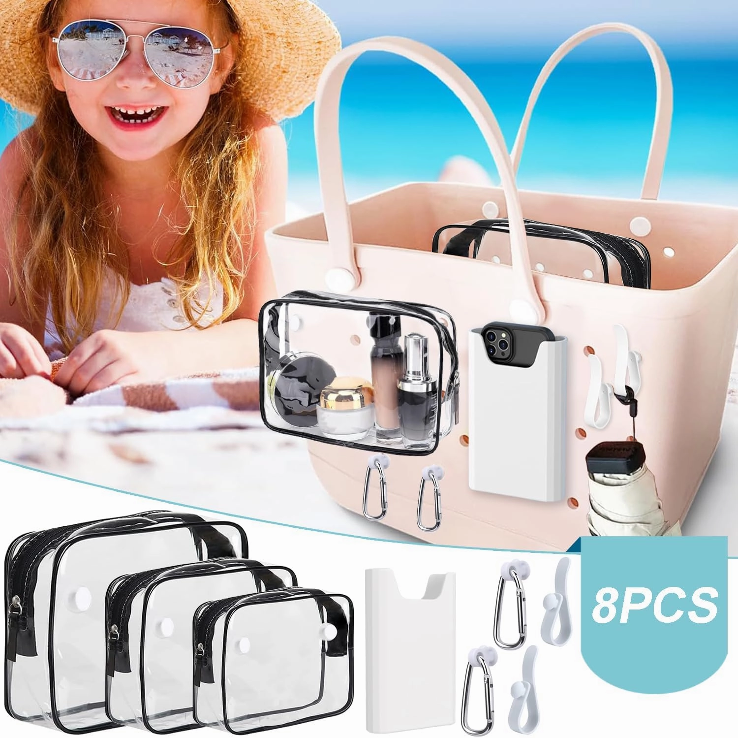 3 Packs Clear Bogg Beach Tote Bag with 2 Pack Insert Hooks Accessories for Bogg Bags Travel Makeup Clean Toiletry Brush Organizer Cosmetic Divider Storage Inner Pouch