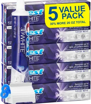 3D Ultra Whitening Vivid Mint Toothpaste 5 Large Tubes of 5.2 oz (Total 26 oz) | Strengthens Enamel | Removes 90% of Surface Stains | Toothpaste Squeezer