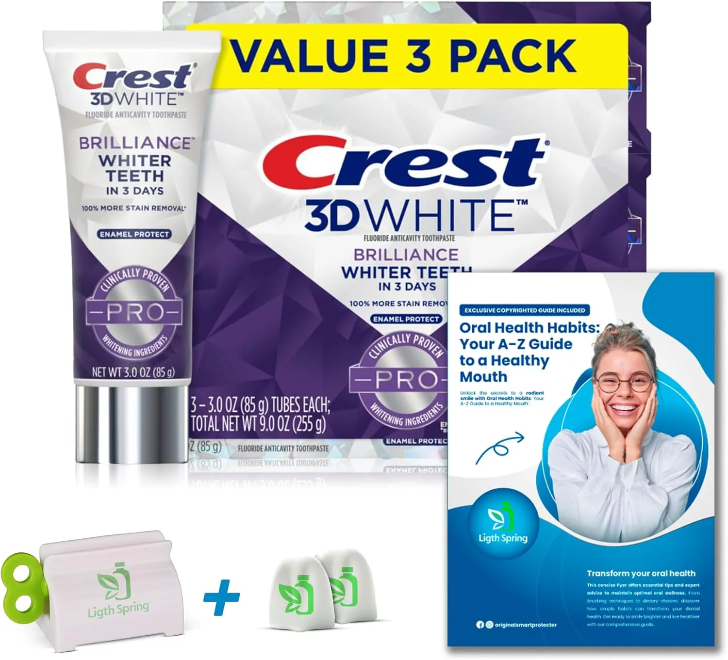 3D White Brilliance Pro Enamel Protect Toothpaste, 3 pk./3.0 oz. with Extra: Toothpaste Squeezer, Two No-Mess Caps, Guide to Better Oral Health Habits Light&Spring.