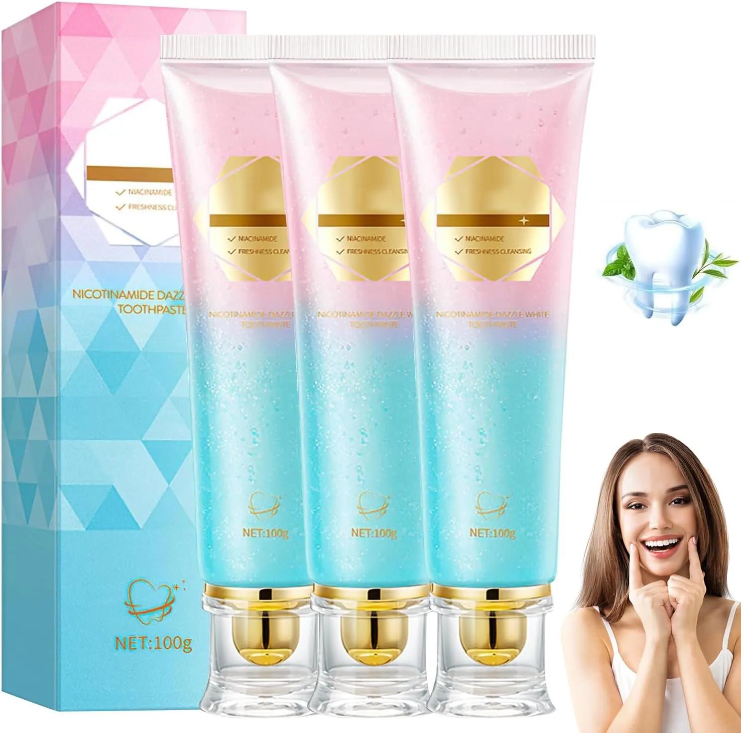 3PC Niacinamide Whitening Toothpaste,Radiant Whitening Toothpaste for Sensitive Teeth,Stain Remover for Coffee & Wine,Enamel Strengthening,Fresh Breath Deep Cleaning Care