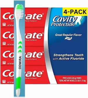 4-Pack Cavity Protection Fresh Toothpaste with Fluoride, Regular Flavor, 8oz, (Total 32 oz) Plus 1-Pack ODWIRA Toothbrush for Colgate Toothpaste