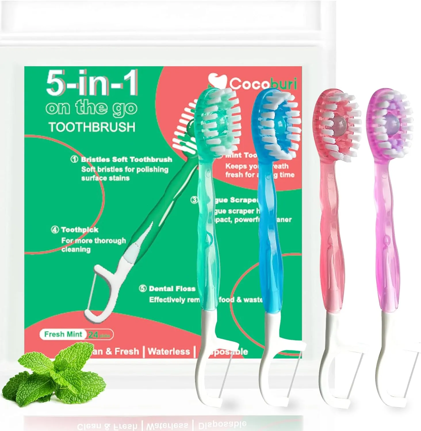 5 in 1 Disposable Mini Toothbrushes on The go Toothbrush Portable Travel Toothbrush（Toothpaste   Tongue Scraper   Floss   Picks Individually Wrapped Prepasted Oral Care Mint 24 Packs