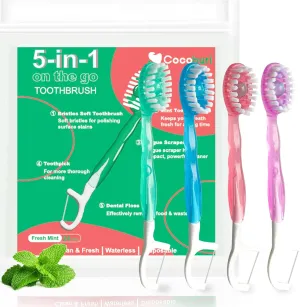 5 in 1 Disposable Mini Toothbrushes on The go Toothbrush Portable Travel Toothbrush（Toothpaste   Tongue Scraper   Floss   Picks Individually Wrapped Prepasted Oral Care Mint 24 Packs