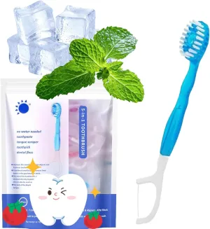 5 in 1 Mini Toothbrush & Floss & Tongue Scraper & Toothpick Set, 5 in 1 Toothbrush & Floss, Disposable Toothbrushes with Toothpaste for Travel Gathering Use (Mint*2)