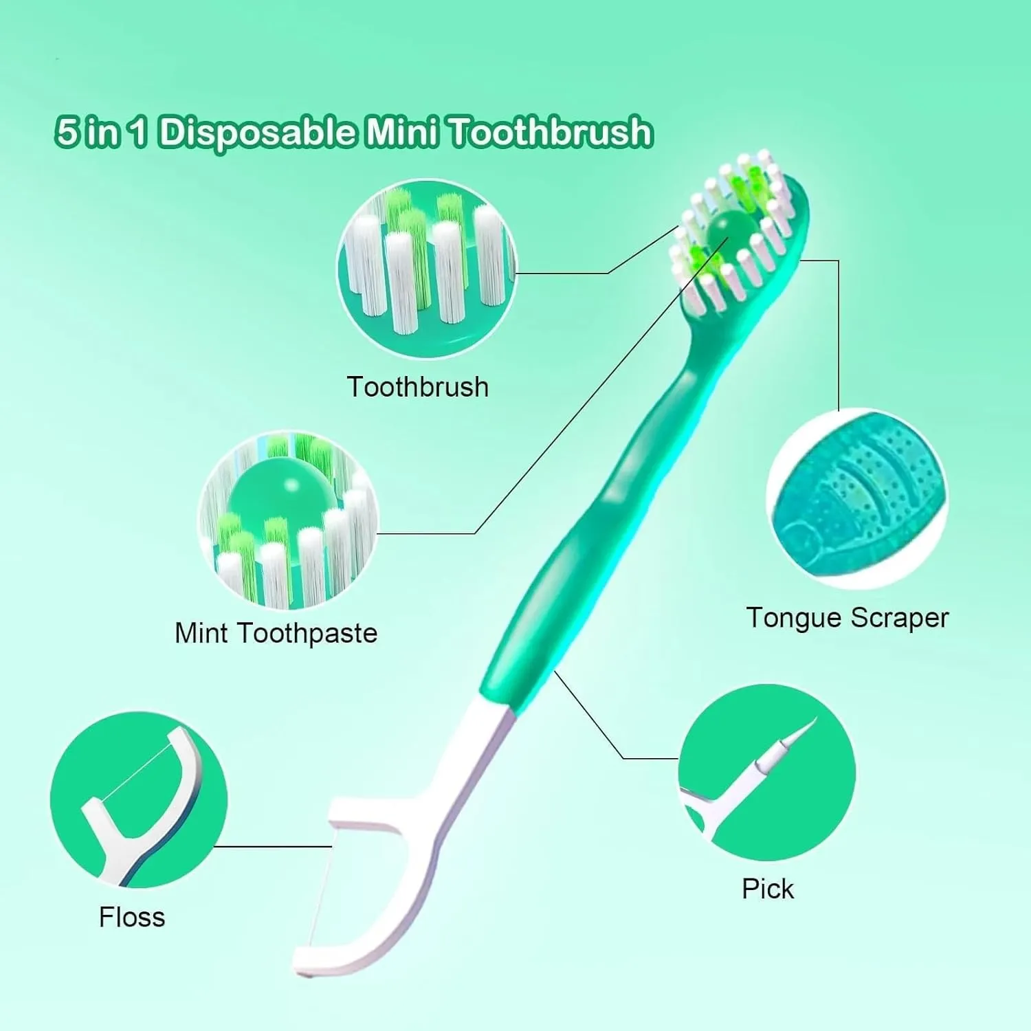 5 in 1 Mini Toothbrush & Floss & Tongue Scraper & Toothpick Set, 5 in 1 Toothbrush & Floss, Disposable Toothbrushes with Toothpaste for Travel Gathering Use (Mint*2)
