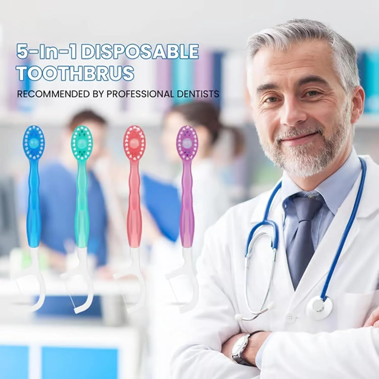 5 in 1 Mini Toothbrush & Floss & Tongue Scraper & Toothpick Set, 5 in 1 Toothbrush & Floss, Disposable Toothbrushes with Toothpaste for Travel Gathering Use (Mint*2)