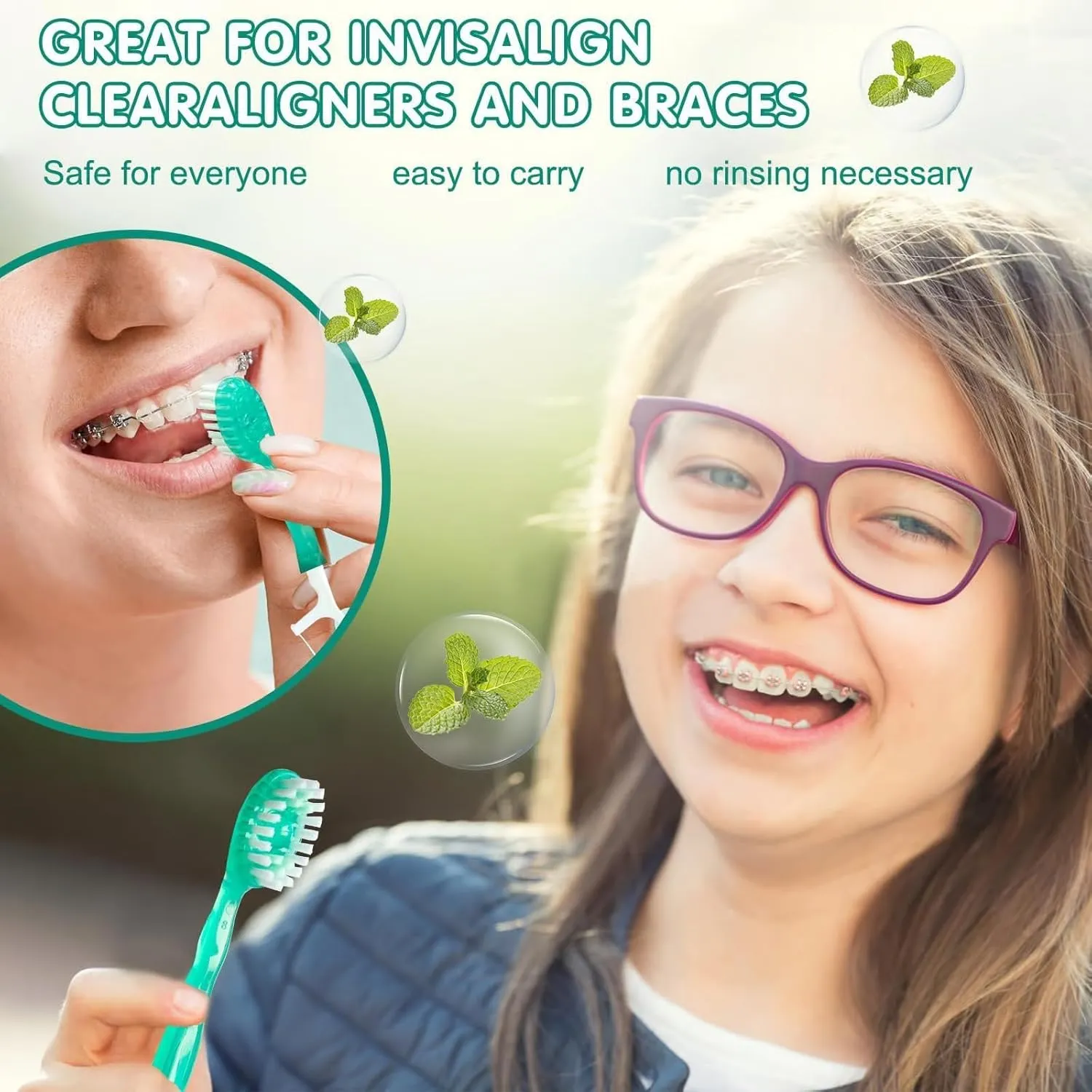 5 in 1 Mini Toothbrush & Floss & Tongue Scraper & Toothpick Set, 5 in 1 Toothbrush & Floss, Disposable Toothbrushes with Toothpaste for Travel Gathering Use (Mint*2)