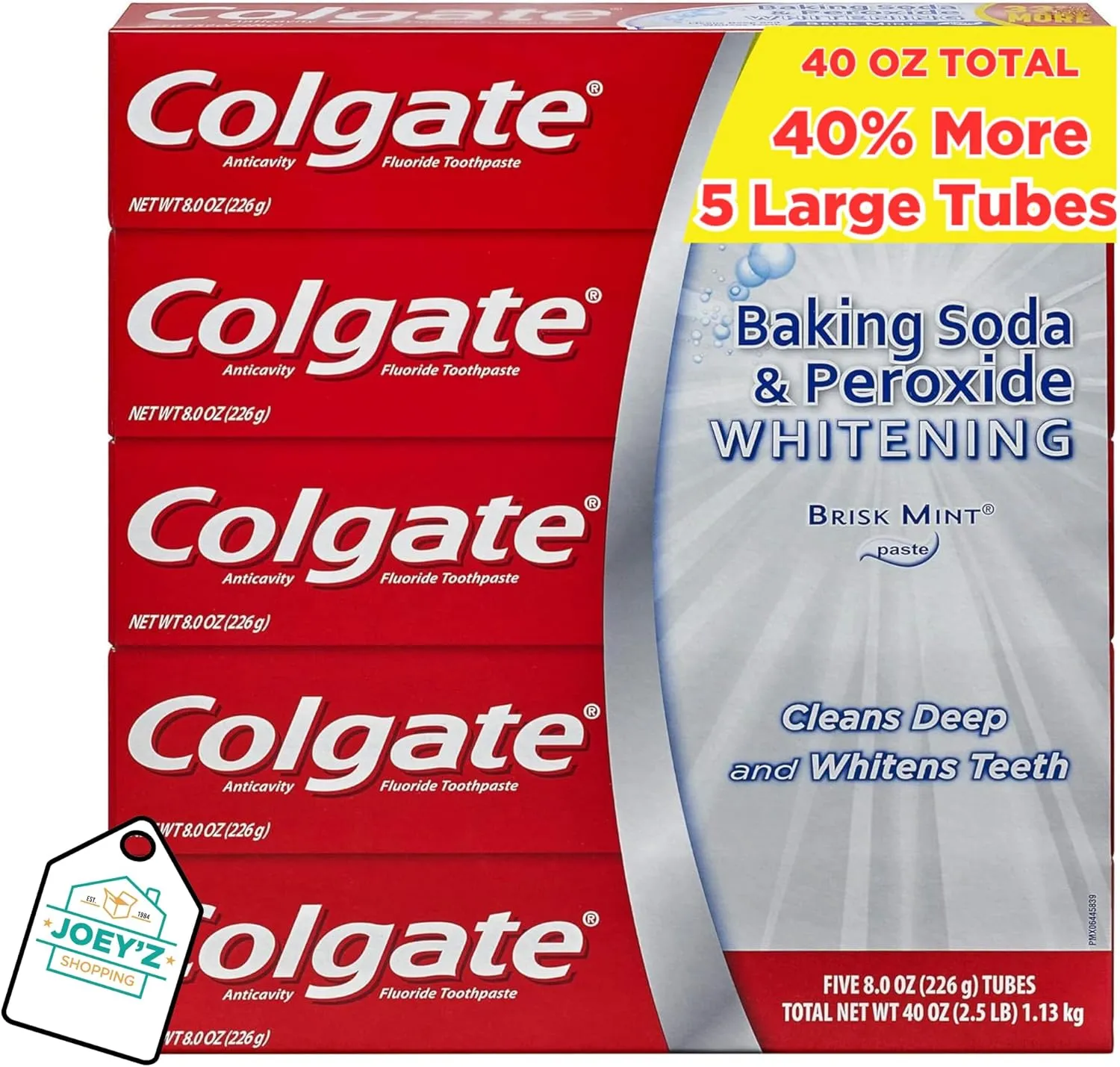 5 Pack 40oz Value Pack: Baking Soda and Peroxide Toothpaste, Whitening Toothpaste with Baking Soda Toothpaste Whitening Tooth Paste/Baking Soda Toothpaste Bundle w/Joey'z Decal