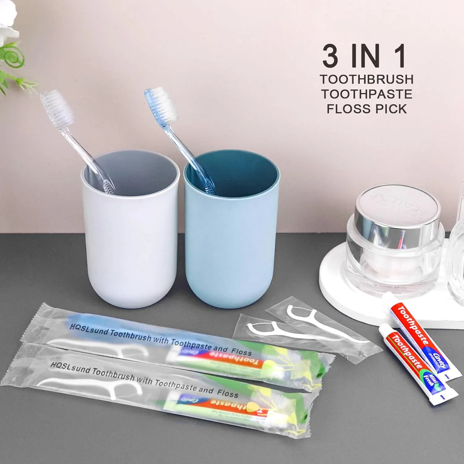 50 pcs Disposable Toothbrushes with Toothpaste Floss Individually Wrapped, 2 Color Toothbrush, 10g Toothpaste, Floss Pick, Bulk Toothbrush for Homeless,Airbnb,Hotel,Guest