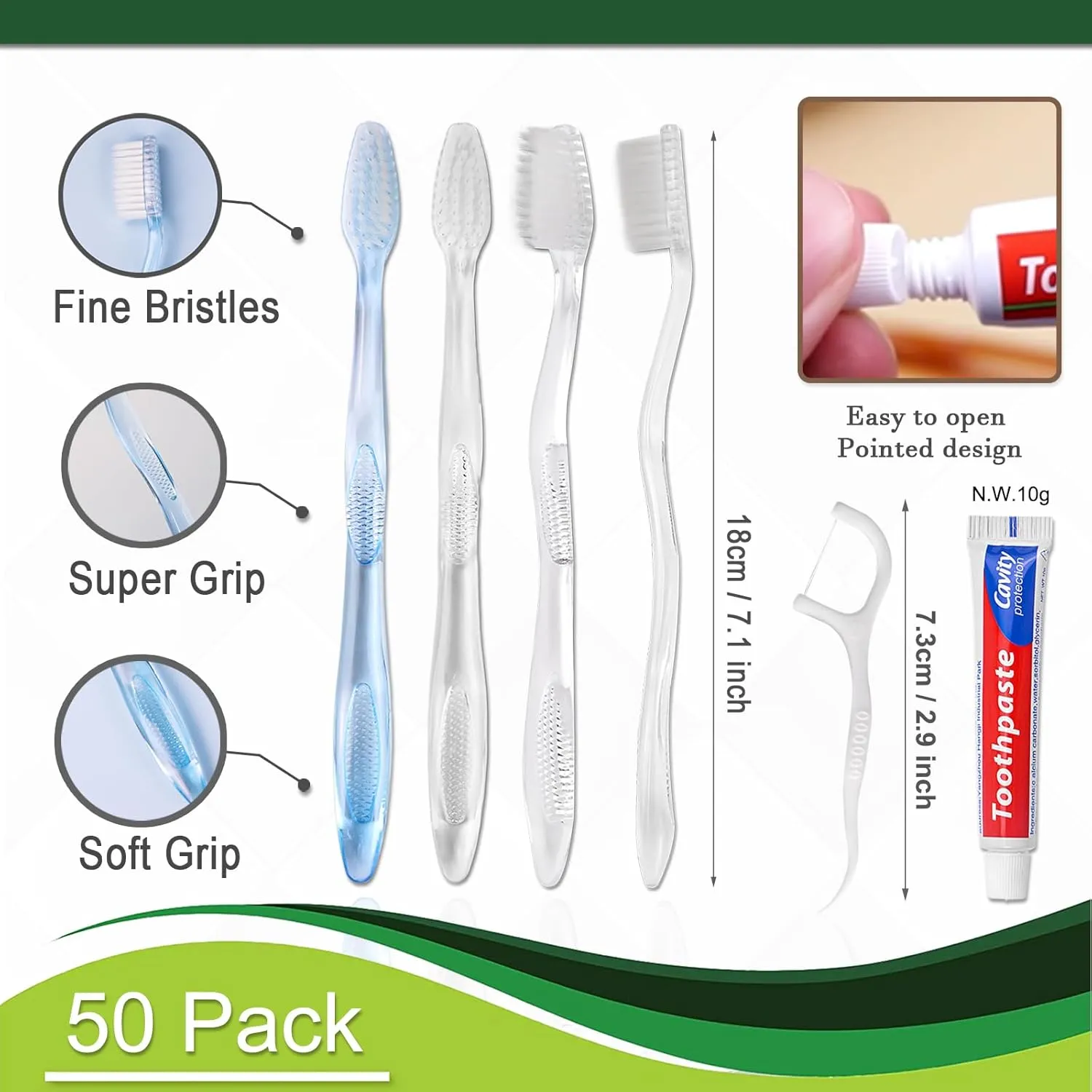 50 pcs Disposable Toothbrushes with Toothpaste Floss Individually Wrapped, 2 Color Toothbrush, 10g Toothpaste, Floss Pick, Bulk Toothbrush for Homeless,Airbnb,Hotel,Guest