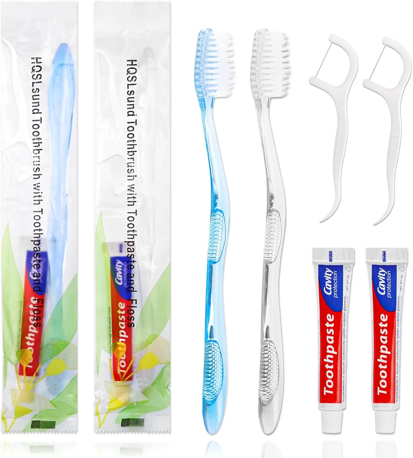 50 pcs Disposable Toothbrushes with Toothpaste Floss Individually Wrapped, 2 Color Toothbrush, 10g Toothpaste, Floss Pick, Bulk Toothbrush for Homeless,Airbnb,Hotel,Guest