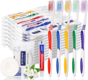 50 Set Disposable Toothbrushes with Toothpaste and Soap Individually Wrapped, 50 pcs Toothbrushes, 5 Colors with 50 pcs Bar Soap(0.5 oz)