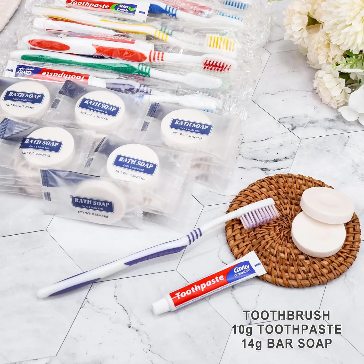 50 Set Disposable Toothbrushes with Toothpaste and Soap Individually Wrapped, 50 pcs Toothbrushes, 5 Colors with 50 pcs Bar Soap(0.5 oz)