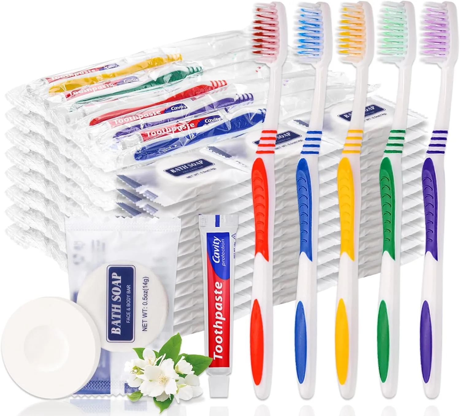 50 Set Disposable Toothbrushes with Toothpaste and Soap Individually Wrapped, 50 pcs Toothbrushes, 5 Colors with 50 pcs Bar Soap(0.5 oz)