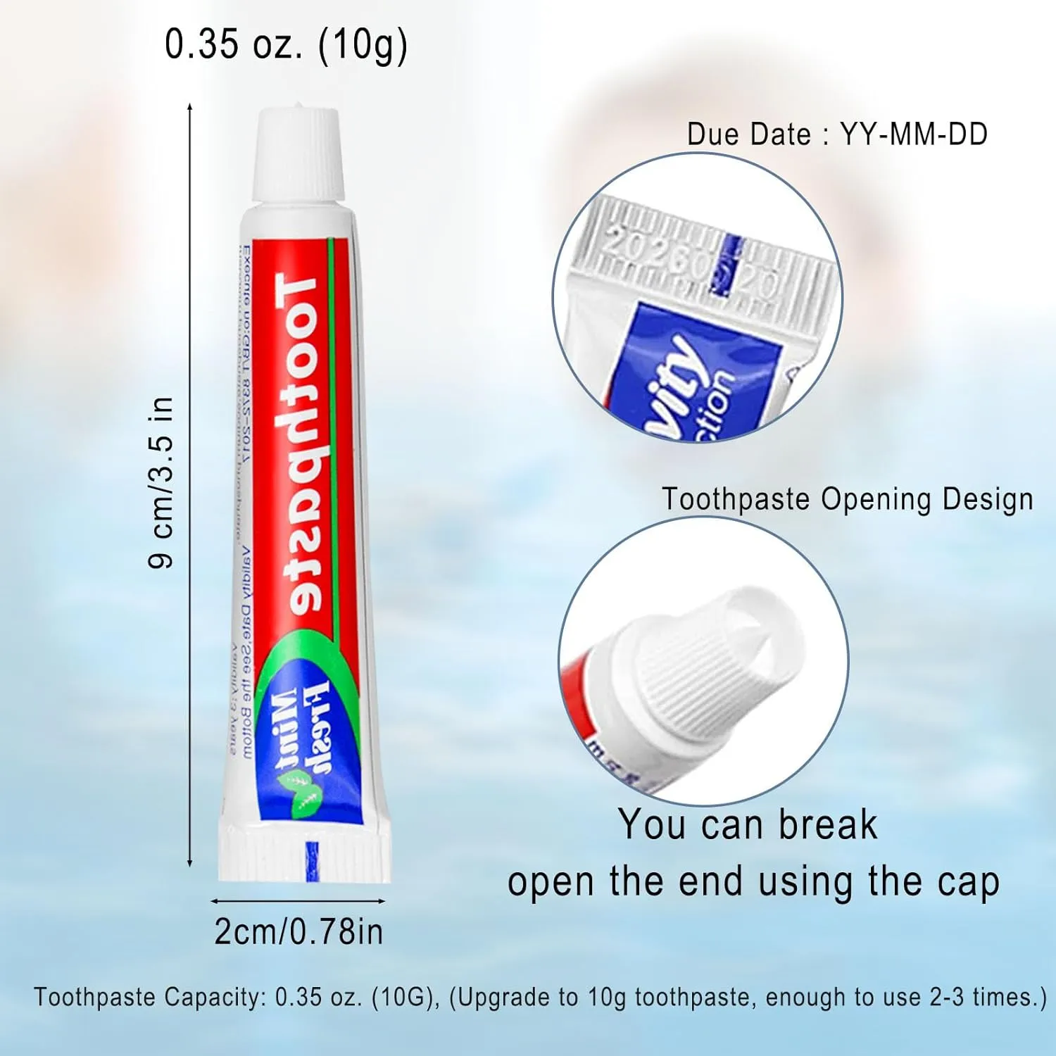 50 Tubes Bulk Travel Size Toothpaste,Extra Small 0.35oz Small Toothpaste Travel Size Bulk 0.8x3.5 inches Peppermint Mini Disposable Toothpaste for Hotel,Guests,Homeless,Charity