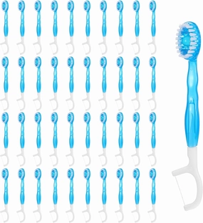 50 Pack Disposable Mini Travel Toothbrushes, 5 in 1 Tool Brush Floss Pick Tongue Scraper, Bulk Toothbrushes Individually Wrapped Prepasted Toothbrush, On The Go Toothbrush with Freshening Bead