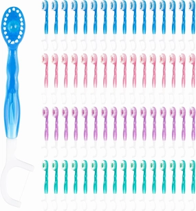 5 in 1 Disposable Mini Toothbrushes with Toothpaste, Floss, Pick & Tongue Scraper – Travel Size, Individually Wrapped, Portable Oral Care Set, 64 Packs, Mix 4 Flavors