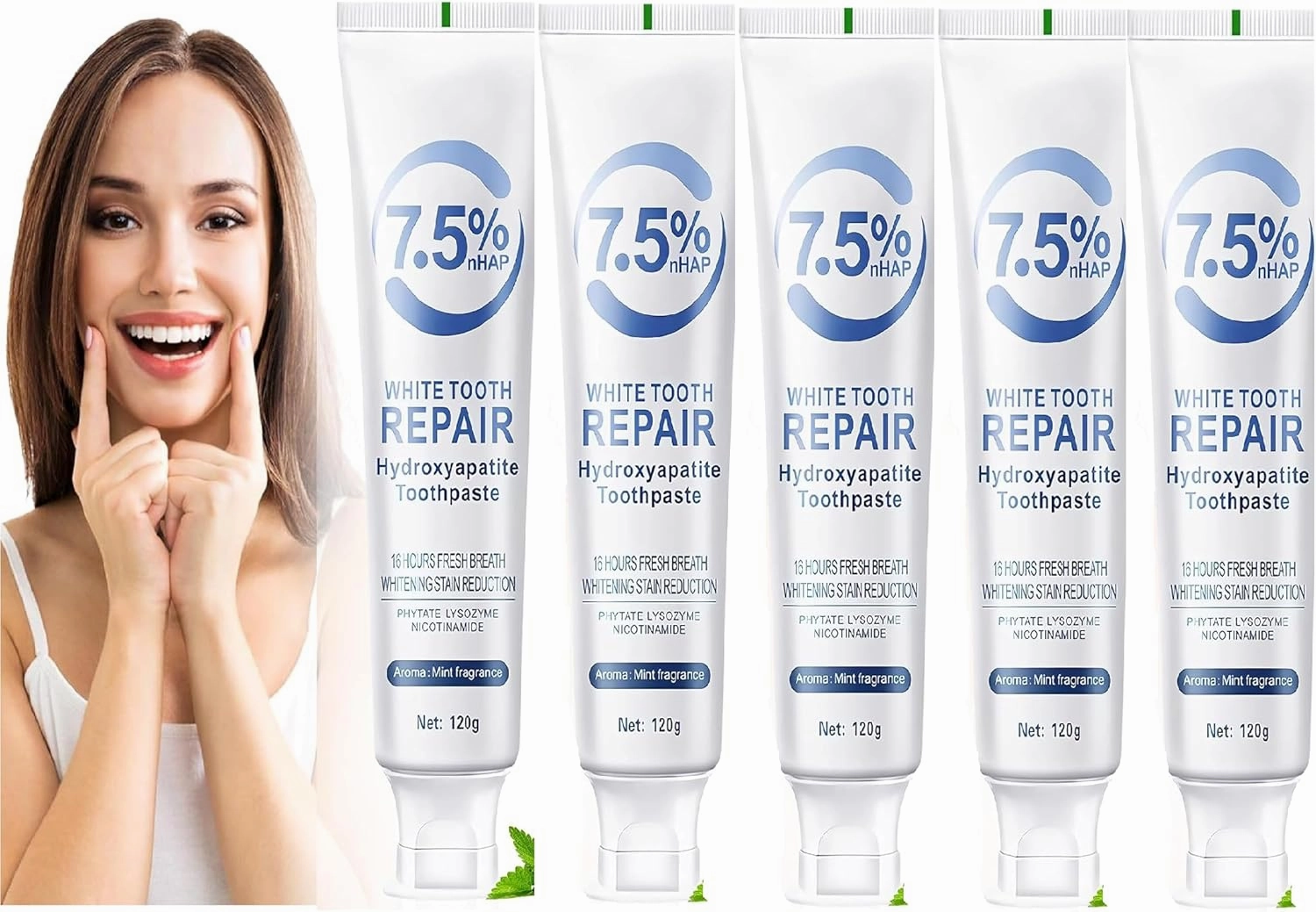 5Pcs 7.5% Hydroxyapatite Toothpaste for Advanced Enamel Protection, Hydroxyapatite Fluoride-Free Toothpaste Formula for Sensitive Teeth, Gentle Mint, Fresh Breath,Daily Use for Oral Health
