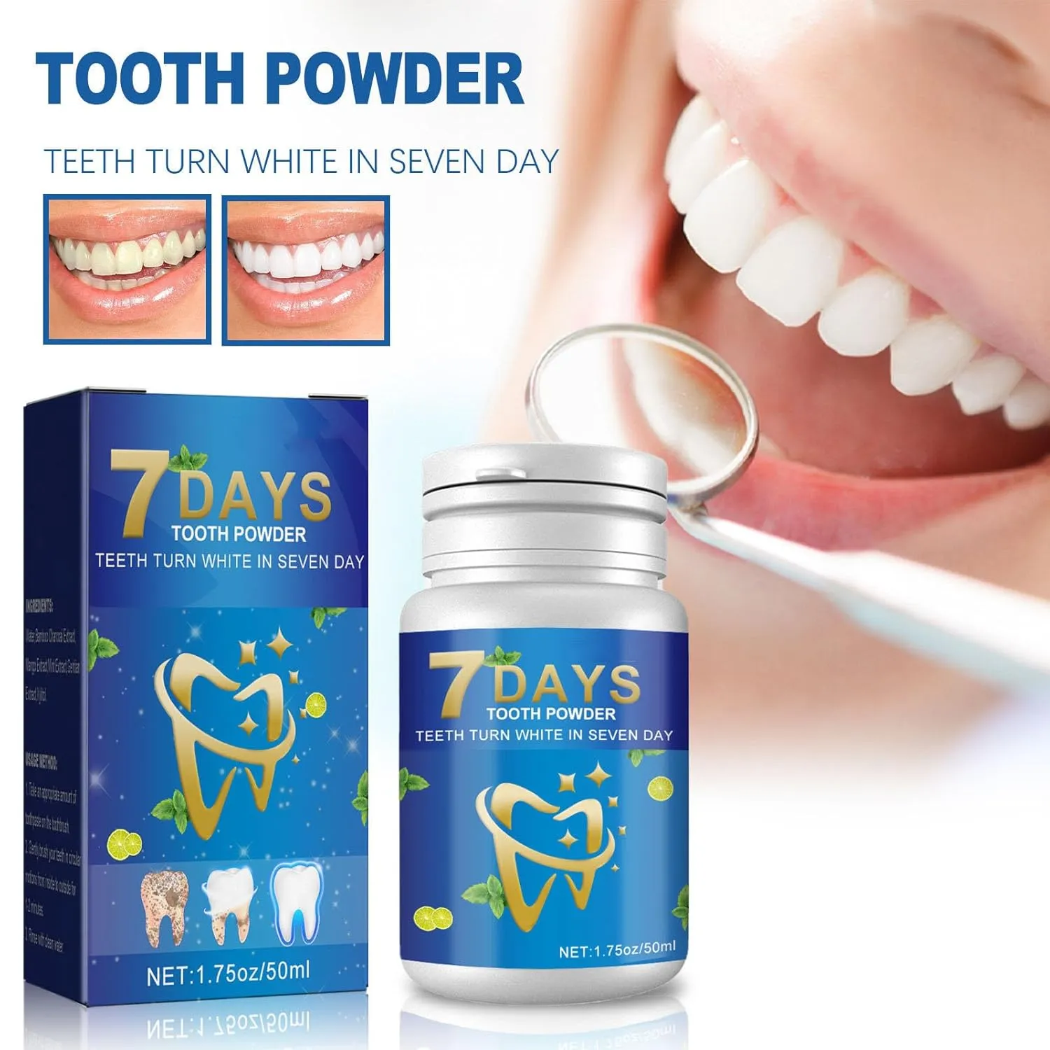 7 Days Tooth Cleaning Powder,50ml Teeth Whitening Powder,7 Days Tooth Powder Whitening,Mint Tooth Powder,Yellow Teeth Stain Remover,Peroxide Free Toothpaste,For Removing Tartar (2PCS)