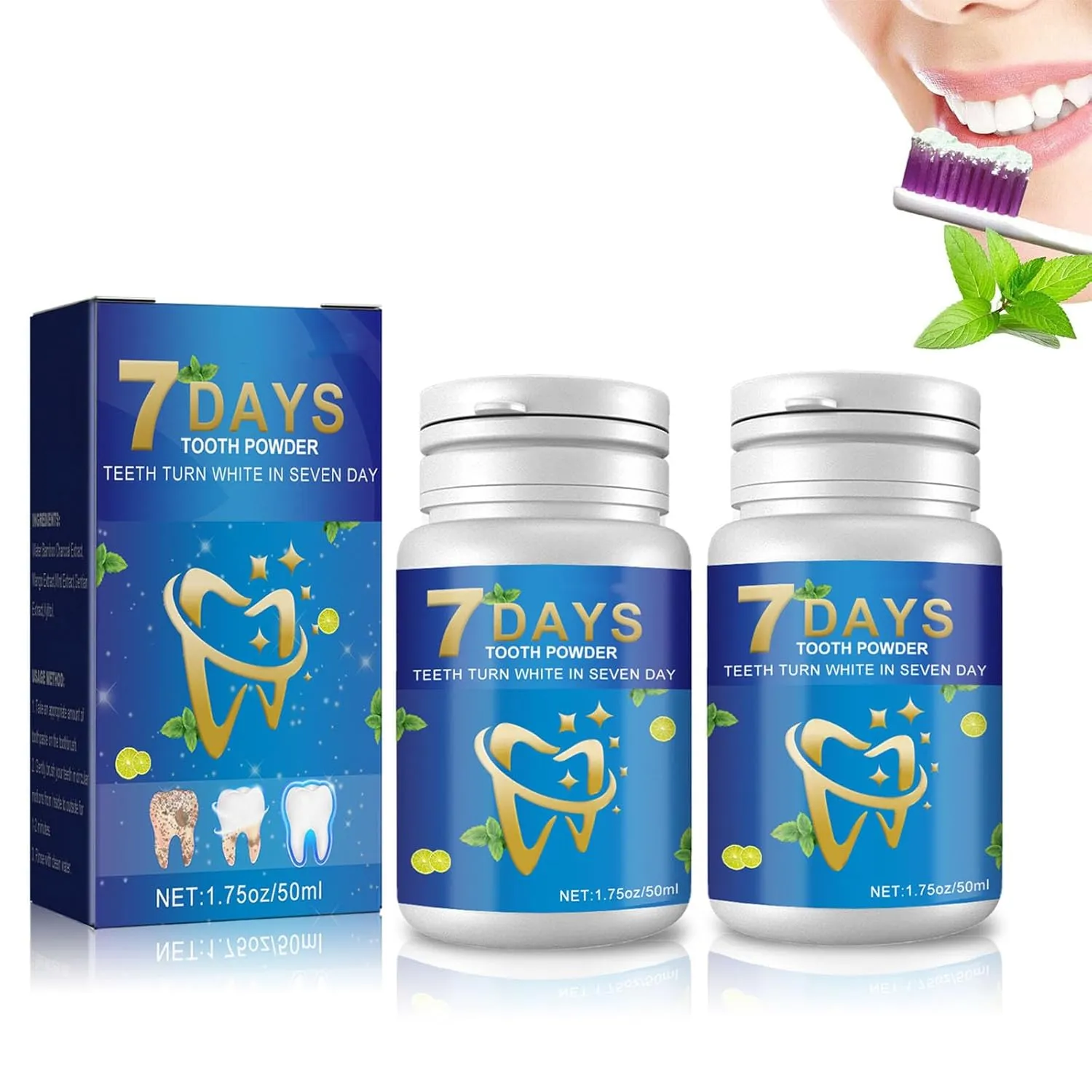 7 Days Tooth Cleaning Powder,50ml Teeth Whitening Powder,7 Days Tooth Powder Whitening,Mint Tooth Powder,Yellow Teeth Stain Remover,Peroxide Free Toothpaste,For Removing Tartar (2PCS)