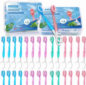 70Pack Mini Disposable Toothbrushes with Toothpaste Tongue Scraper Floss Pick 5-in-1 Single Use Portable Travel Toothbrush Individually Wrapped Box Small Prepasted Travel Toothbrush for Kids Adult ﻿