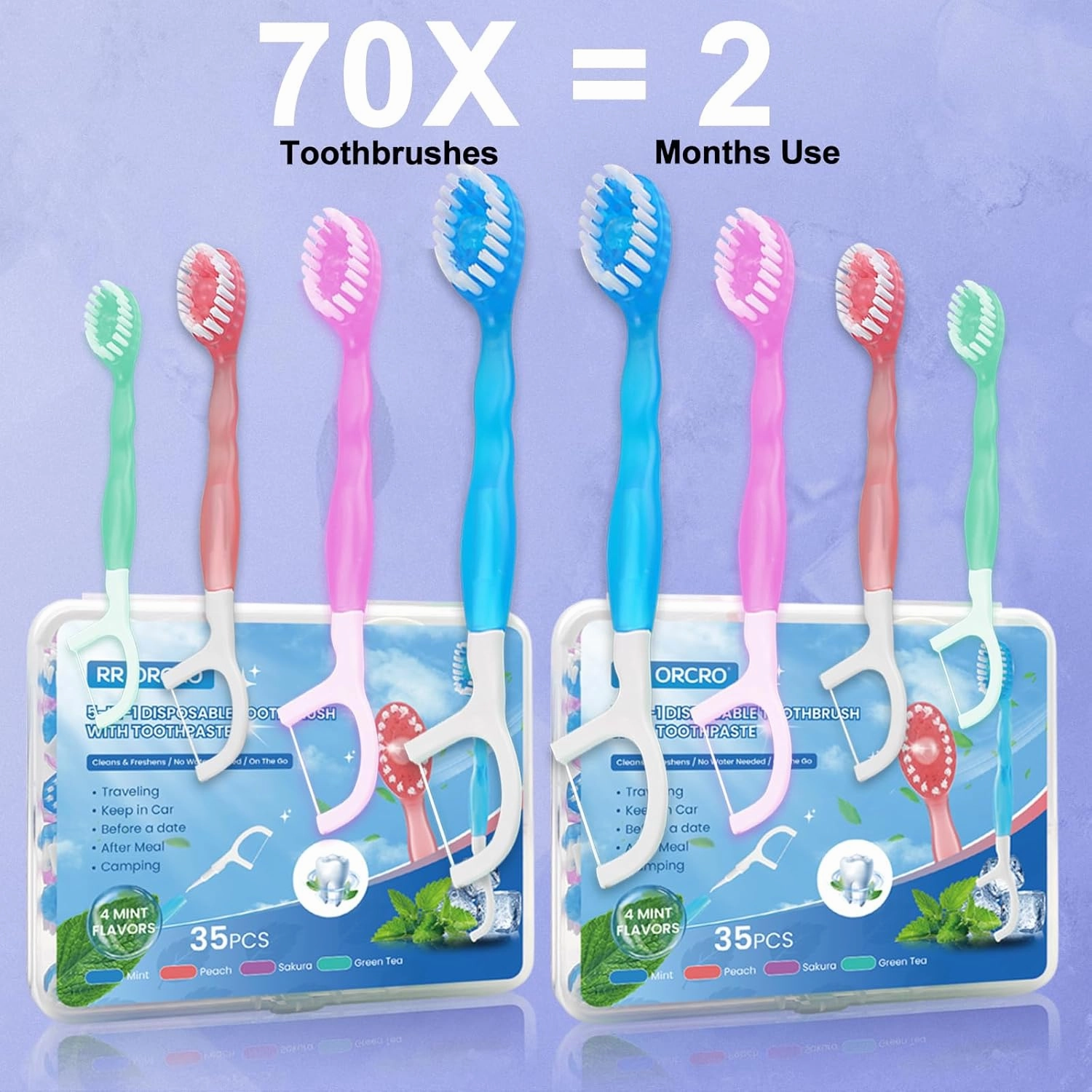 70Pack Mini Disposable Toothbrushes with Toothpaste Tongue Scraper Floss Pick 5-in-1 Single Use Portable Travel Toothbrush Individually Wrapped Box Small Prepasted Travel Toothbrush for Kids Adult ﻿